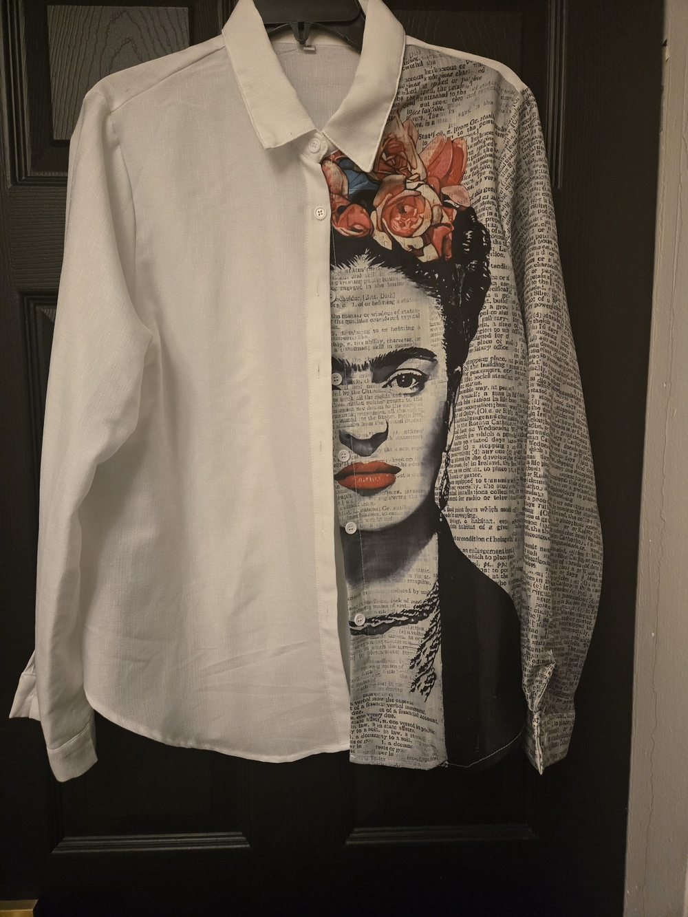 Frida Kahlo White Button-Up Shirt with Half-Print Portrait and Floral Accent